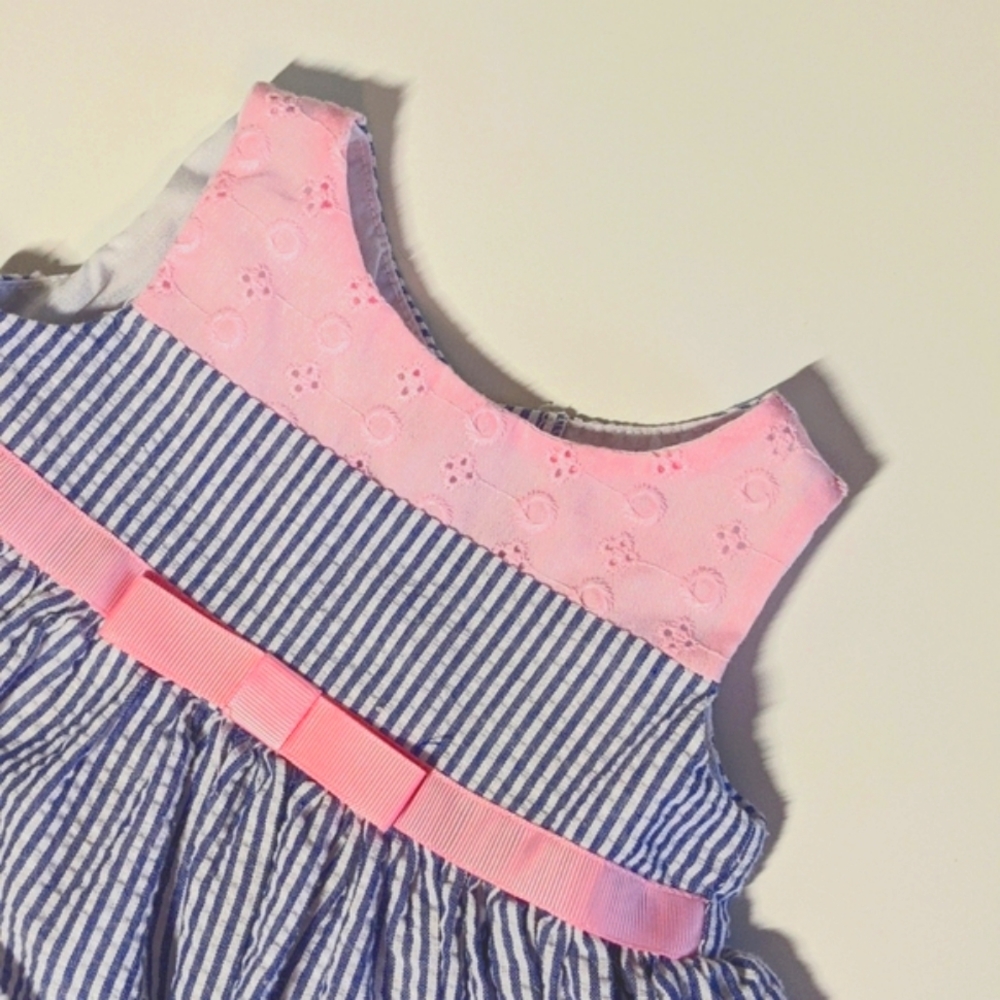 Youngland Baby dress white & blue stripes with pink accents white underwear 3-6m